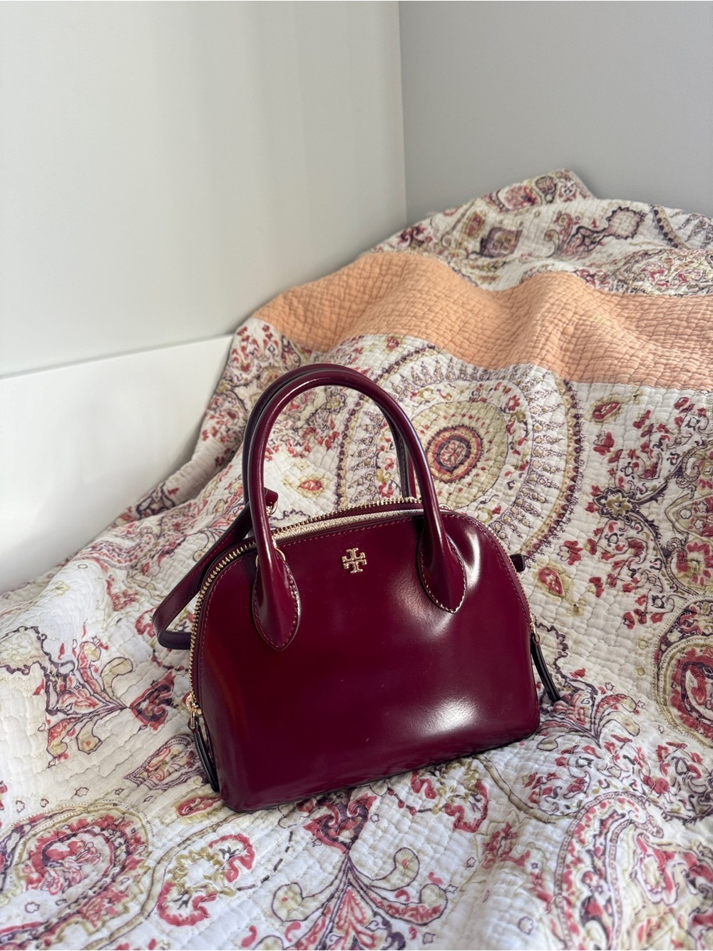 Tory Burch Emerson Patent Mini Dome Satchel in Burgundy